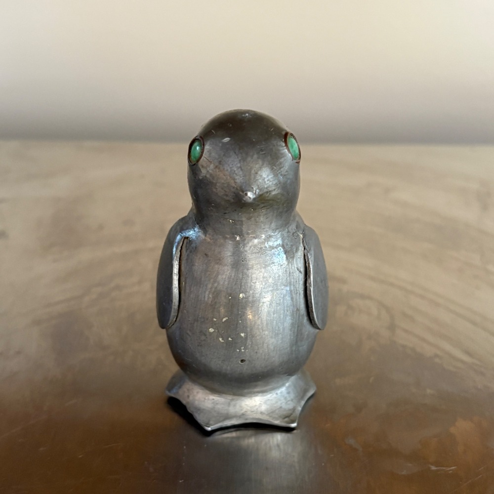 Vintage Pewter‎ Bird Figurine Green Eyes Desk Decor Collectible Metal Sculpture